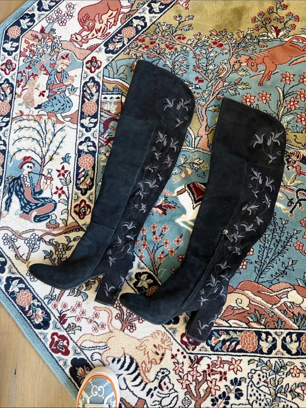 Black Over-the-Knee Embroidered Suede Boots - Women
